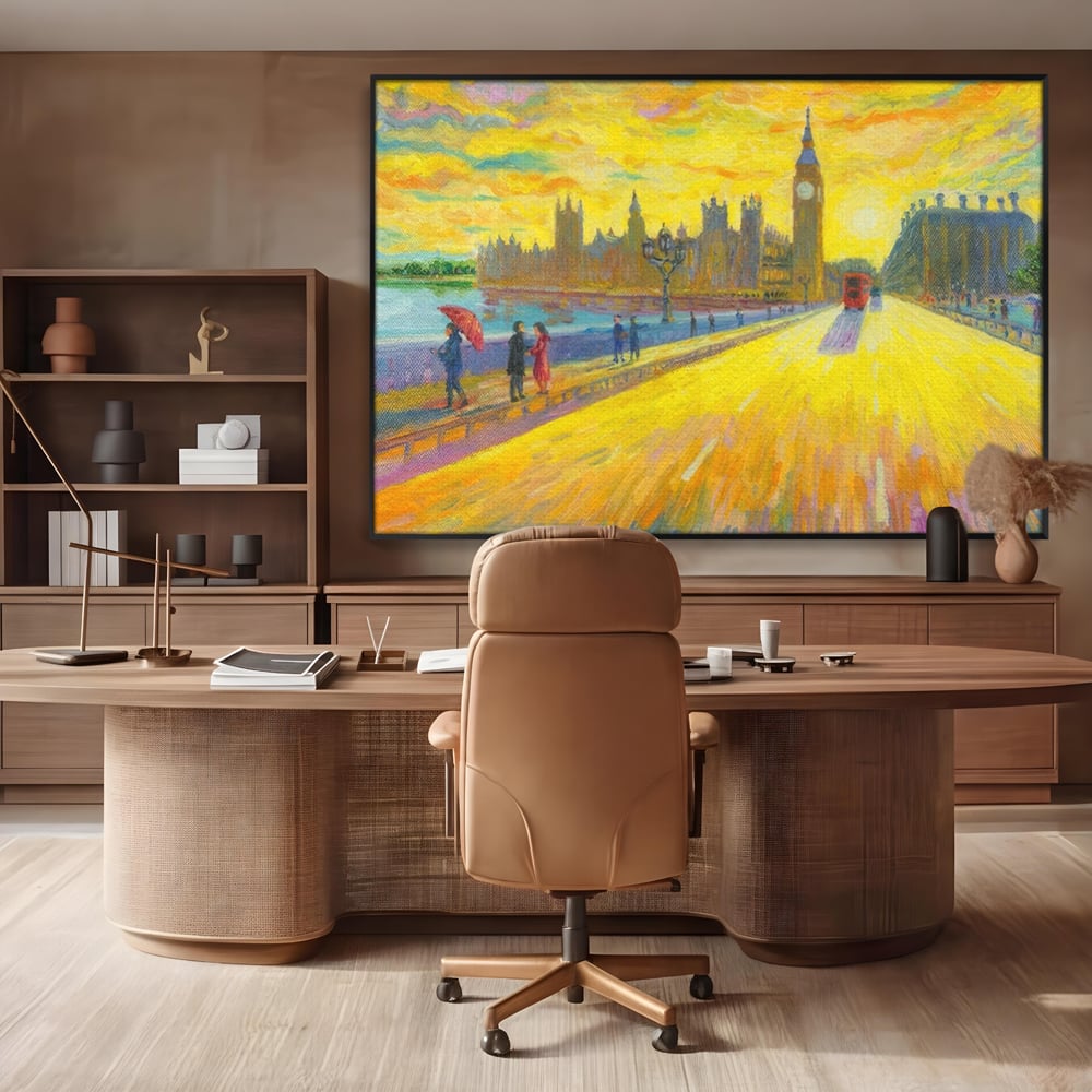 Tablou canvas cu tablou canvas cu londra si big ben, in rama de aluminiu negru, pe perete intr-un birou